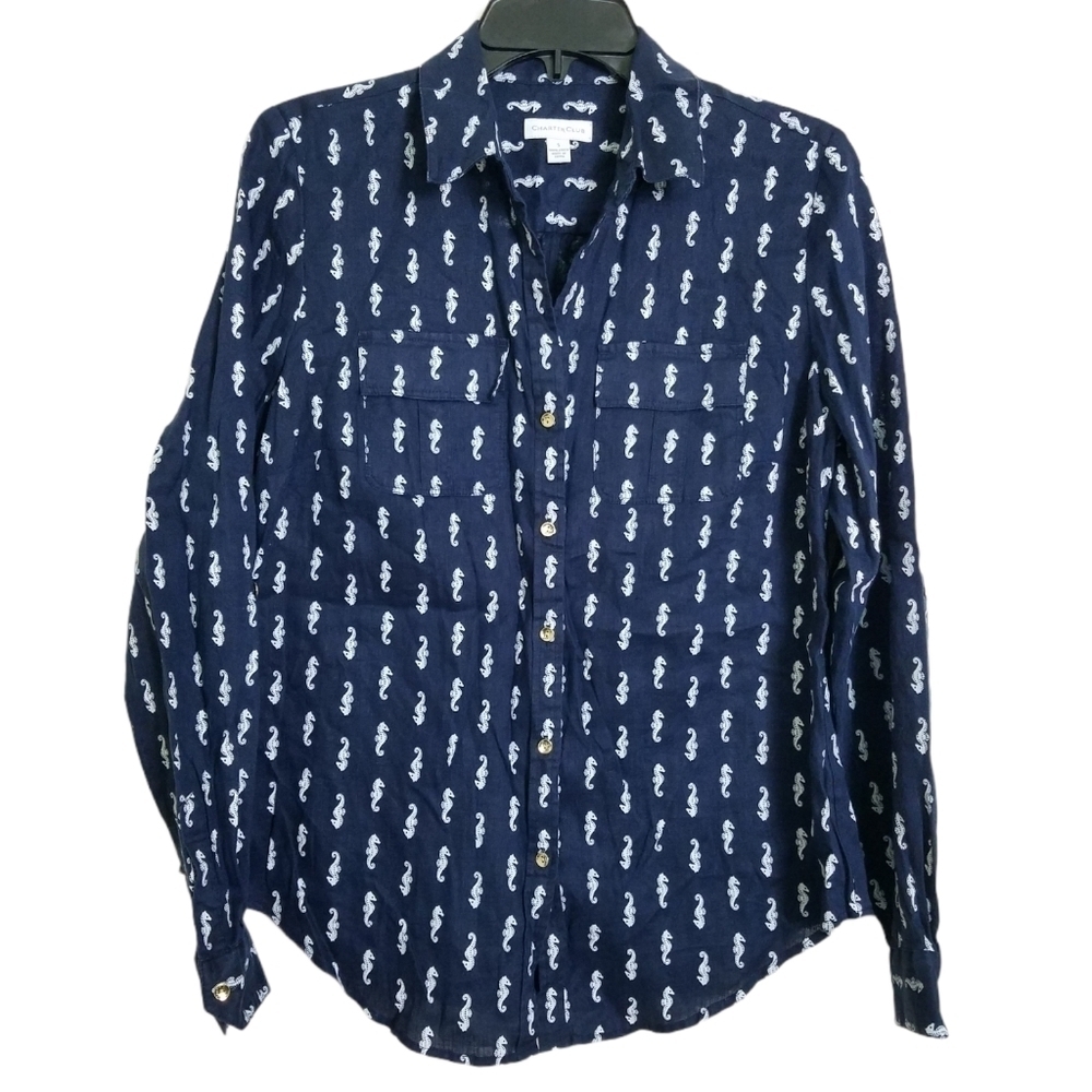 Charter Club Navy White Seahorse Linen Button Up S